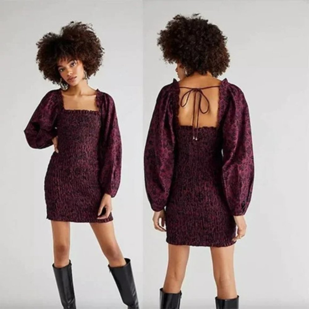 Free People Smock It To Me Puff Sleeves Mini Dress Hazelnut Combo